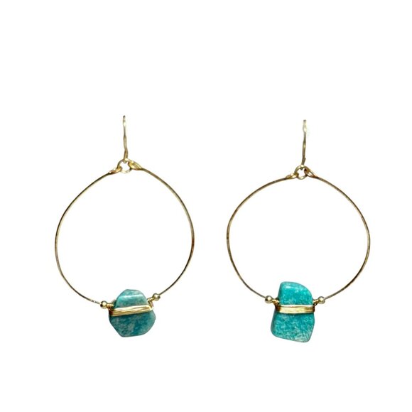 Gold Hoop Earrings with Natural Amazonite Stone Dangle Boho Handmade Jewelry - Picture 2 of 6